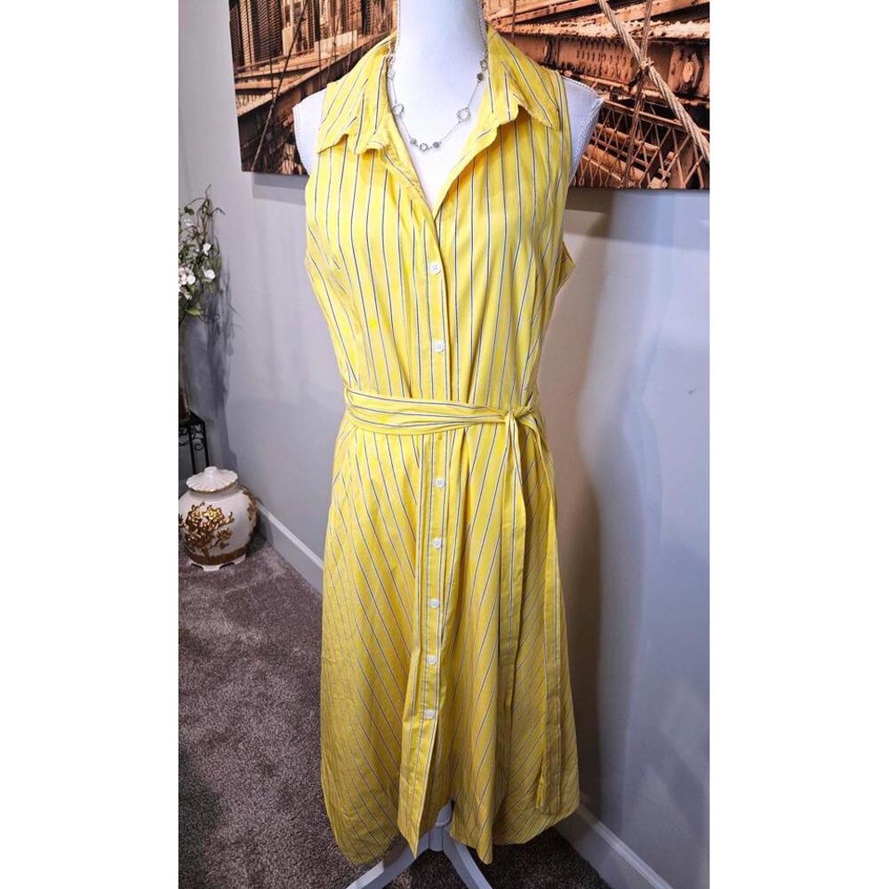 Tahari Yellow Striped Midi Dress with Belt Size 14